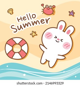 Rabbit lying on sea beach hand drawn banner.Hello summer background.Cute cartoon animal character design.Bunny,swiming ring,crab,shell doodle style.Image for card, poster.Vector.Illustration.