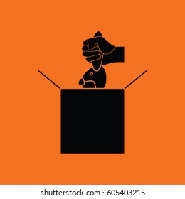 Rabbit in magic box icon. Orange background with black. Vector illustration.