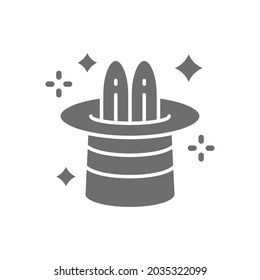 Rabbit in magic cylinder hat, circus grey icon.