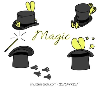 Rabbit in a magic hat set, illusionist entourage vector illustration