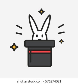 Rabbit In Magic Hat Surprise, Black Line Vector