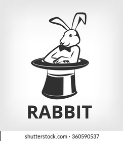 Rabbit in magic hat. Vector black icon logo flat illustration