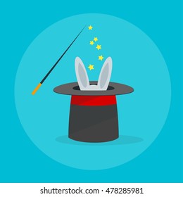 Rabbit in a Magic Hat and Wand. Flat Design Style. Vector illustration of Cartoon Magician Hat in Blue Background. Retro wizard Cylinder and Rabbit's Ears