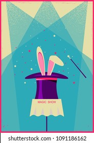 Rabbit in magical hat.Vector old poster of magic show for text