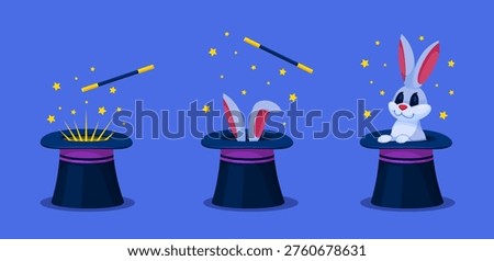 Rabbit magician cylinder. Magic hat with bunny, wizard trick hare ears in illusionist cap circus show wand illusion fantasy appear animal surprise qualitative vector illustration