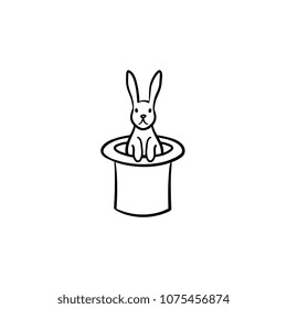 Rabbit in a magician hat hand drawn outline doodle icon. Cylinder hat with rabbit vector sketch illustration for print, web, mobile and infographics isolated on white background.