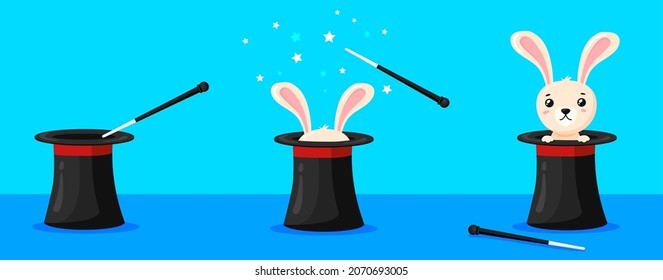 Rabbit magician hat. Magic hats with bunny ears, wizard conjure cylinder, circus show illusionist, abracadabra wand, cartoon cap, neat vector illustration. Magic rabbit in hat, magician show