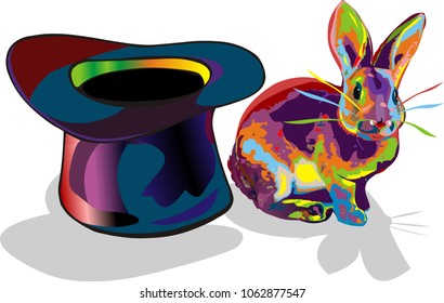 Rabbit magician hat rainbow colored drawing vector isolated on white background