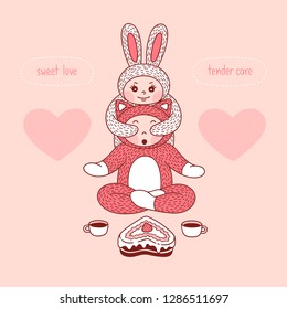 Rabbit makes a surprise for Cat. Rabbit close Cat's eyes with palms. Cooked a cake with strawberries and cream and two cups of coffee