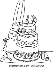 The Rabbit makes Wedding Cake. Hand-drawn illustration.