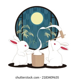 Rabbit making rice cakes on the night of harvest moon, Vector illustration