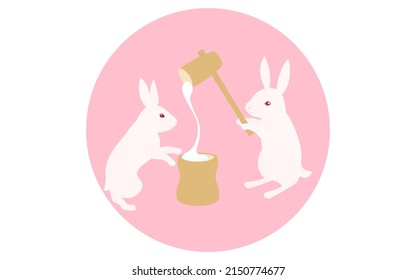 Rabbit making rice cakes using a pestle and mortar, stretching rice cakes, pink round icons.