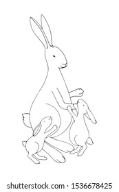 Rabbit mama with kids. Coloring page, outlines Easter basis for design on white background