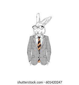 rabbit man dressed up in office style, furry art illustration, fashion animals