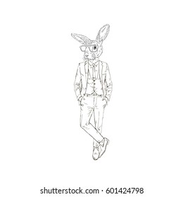 Rabbit Man Dressed Up In Retro Suit, Fashion Animal Illustration