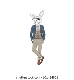 Rabbit Man Dressed Up In Retro Suit, Fashion Animal Illustration