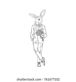 rabbit man dressed up in suit with flowers, romantic character
