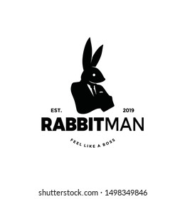 Rabbit man worker logo silhouette with bunny head of animal and human body. unique cool design. wear suit coat, tie like a boss. Cool Stand out.