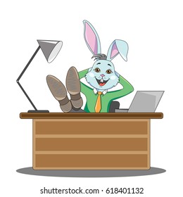 Rabbit manager in a man's suit sits at the office table, having folded his legs, smiles and shows his finger like