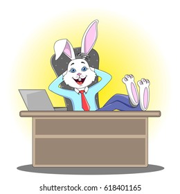 Rabbit manager in a man's suit sits at the office table, having folded his legs, smiles and shows his finger like