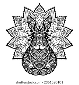 Rabbit mandala. Vector illustration. Adult coloring page. Hare Animal in Zen boho style. Sacred, Peaceful. Tattoo print ornaments. Black and white