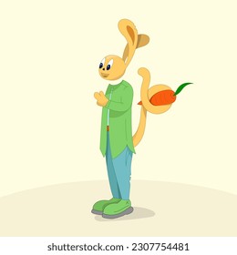 Rabbit mascot. Bunny with funny ears. bunny with carrot. Engraved human bunny, sketch vector illustration of human rabbit suit 