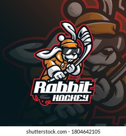 rabbit mascot logo design vector with modern illustration concept style for badge, emblem and tshirt printing. rabbit hockey illustration for sport team.