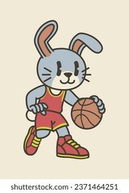 Rabbit Mascot Playing Basketball Vintage Isolated