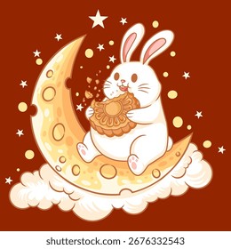 ilustração vetorial de um mascote de coelho sentado na lua e comendo um mooncake. Este design é perfeito para celebrar o Festival do Meio do outono.