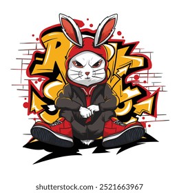 rabbit mascot vector wearing a hoodie and shoes, in a cool style with a graffiti background