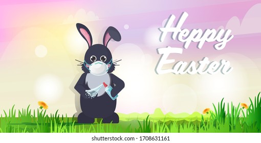 rabbit in mask applying antibacterial spray to prevent covid-19 virus spreading happy easter spring holiday coronavirus pandemic concept landscape background horizontal greeting card lettering vector