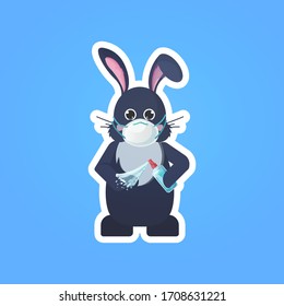 rabbit in mask applying antibacterial spray disinfection to prevent covid-19 virus spreading happy easter spring holiday coronavirus pandemic concept cute bunny sticker vector illustration
