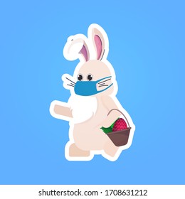 rabbit in mask holding basket with eggs happy easter spring holiday coronavirus pandemic quarantine concept cute bunny sticker vector illustration