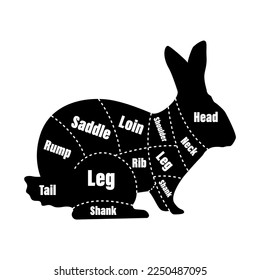 Rabbit meat.Butcher layout poster. Meat diagram layout drawing. Farm animal silhouette.
