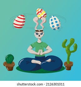 Rabbit meditating on Easter Eve Eggs swirling in his head Next to him are cacti