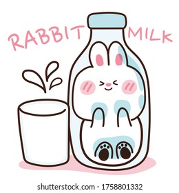 Rabbit in milk bottle with glass hand drawn.Cartoon character design.Animal doodle.Kawaii.Vector.Illustration.