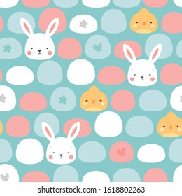 Rabbit and Mochi Cake Seamless Pattern Background, Scandinavian Happy bunny with chick. cartoon easter vector illustration for kids background