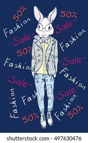 Rabbit mod. Full-length portrait of a young trendy rabbit-man on a blue background with the words. Hand drawn fashion Illustration 