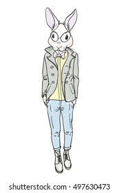 Rabbit mod. Rabbit-man model  fashion man while standing against white background. Isolated.