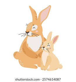 Rabbit mom and baby, cartoon style, mothers day illustration, cute animal