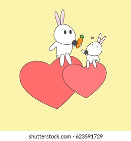 Rabbit Mom give a carrot to her cute baby. Animal cartoon vector design