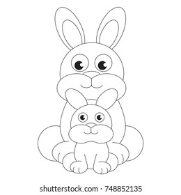 Rabbit Mom and Her Baby cartoon, the colorless outlined illustration with thin line black stroke