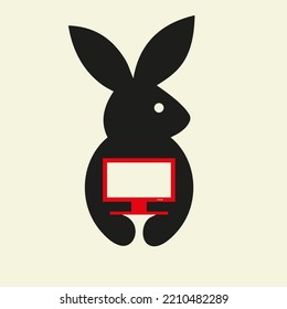 Rabbit Monitor Logo Negative Space Concept Vector Template. Rabbit Holding Monitor Symbol