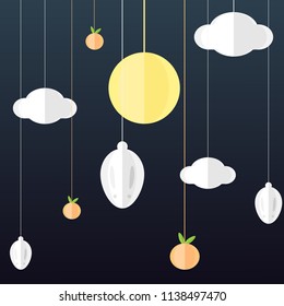 Rabbit, moon, cloud and orange on night background in Chuseok concept vector design