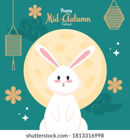 rabbit with moon and lanterns design, Happy mid autumn harvest festival oriental chinese and celebration theme Vector illustration