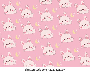 Rabbit and moon pattern seamless on pink background.