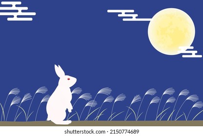 Rabbit and moon viewing, silver grass field on autumn night, Japanese background with moon and eh haze.