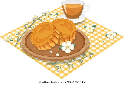 Rabbit mooncake with teacup set on tablecloth illustration