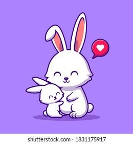 Rabbit Mother And Baby Rabbit Cartoon Vector Icon Illustration. Animal Love Icon Concept Isolated Premium Vector. Flat Cartoon Style