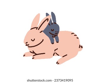 Rabbit mother and cute baby bunny sleeping together. Asleep mom and child hare, funny leveret. Wild forest animal family, mommy and kid. Flat vector illustration isolated on white background